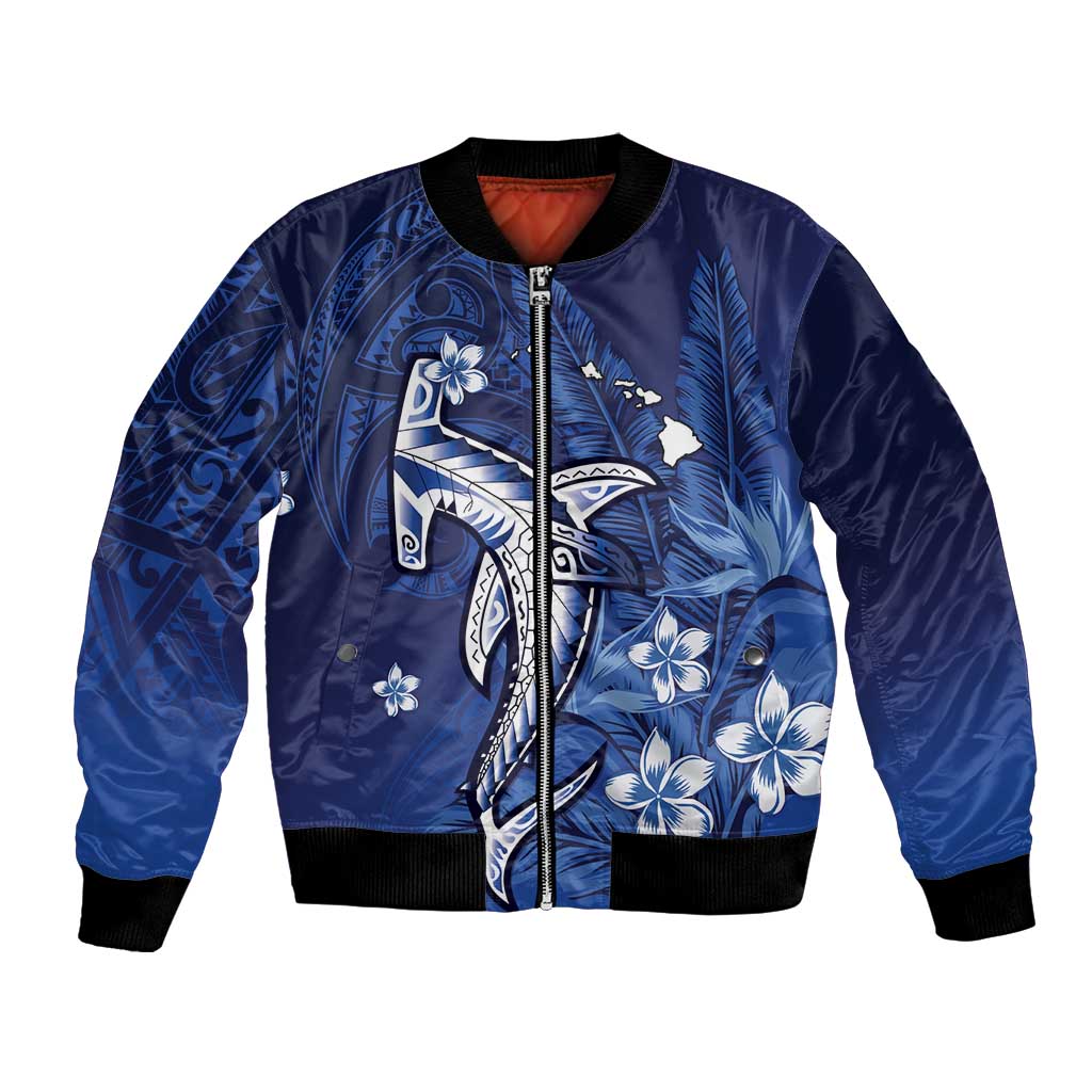 Personalized Hawaiian Maori Hammerhead Shark Bomber Jacket Polu Plumeria - Polynesian Pride