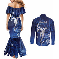 Personalized Hawaiian Maori Hammerhead Shark Couples Matching Mermaid Dress and Long Sleeve Button Shirt Polu Plumeria - Polynesian Pride