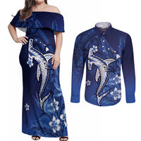 Personalized Hawaiian Maori Hammerhead Shark Couples Matching Off Shoulder Maxi Dress and Long Sleeve Button Shirt Polu Plumeria - Polynesian Pride