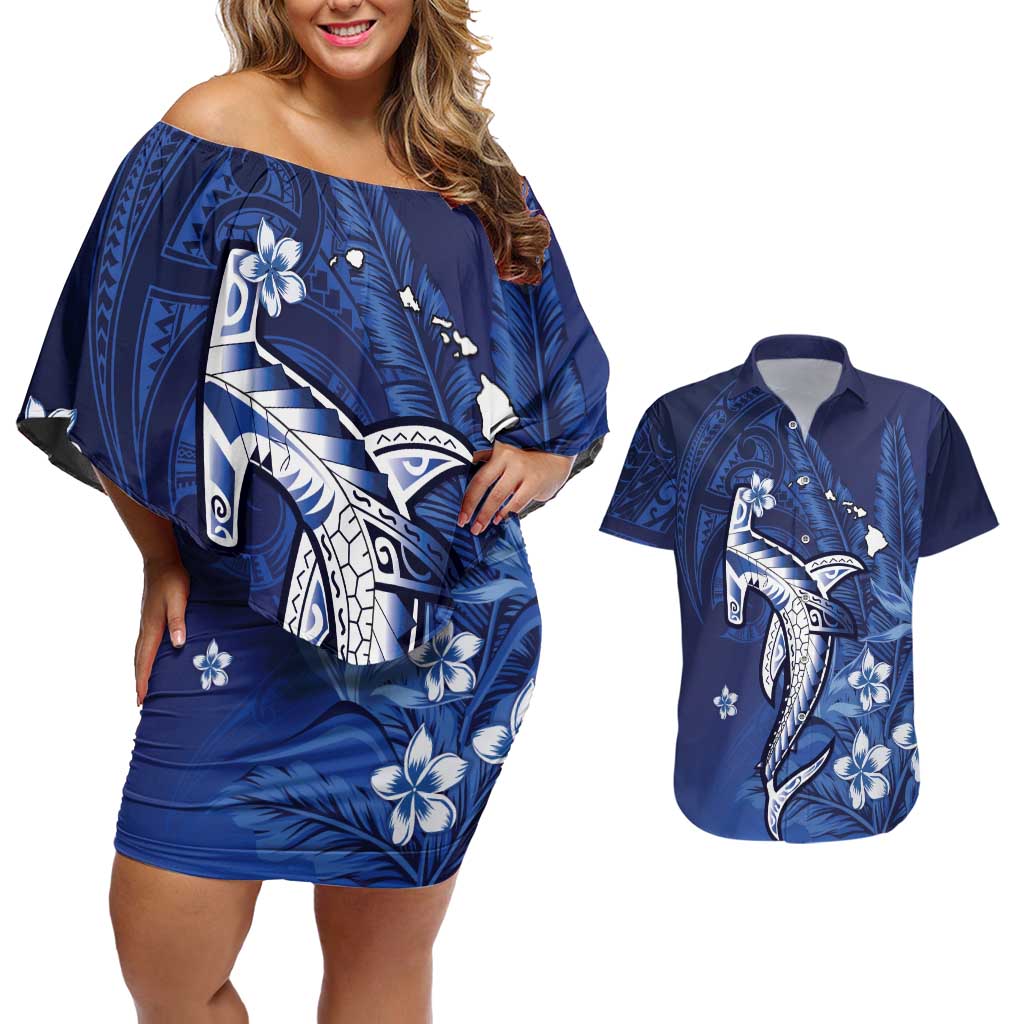 Personalized Hawaiian Maori Hammerhead Shark Couples Matching Off Shoulder Short Dress and Hawaiian Shirt Polu Plumeria LT9 Blue - Polynesian Pride