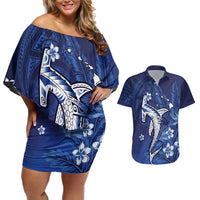 Personalized Hawaiian Maori Hammerhead Shark Couples Matching Off Shoulder Short Dress and Hawaiian Shirt Polu Plumeria LT9 Blue - Polynesian Pride