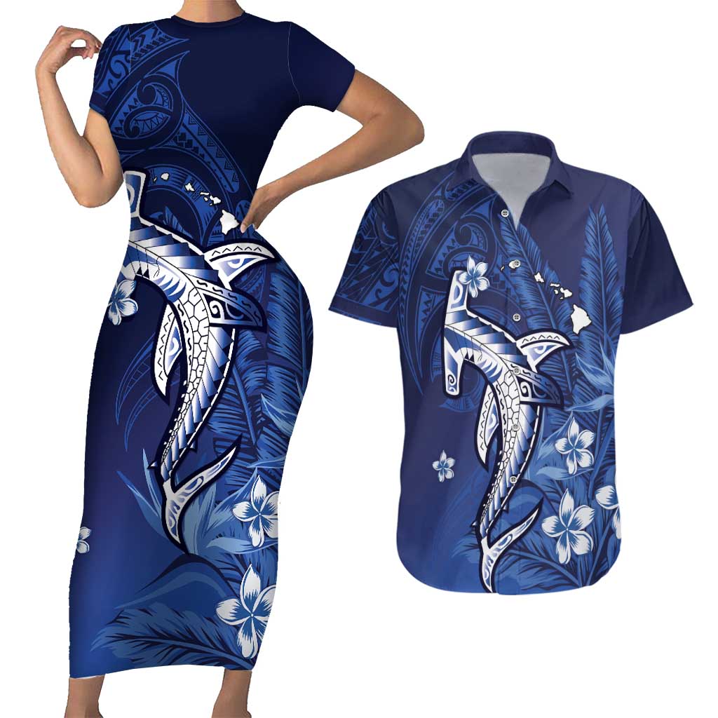 Personalized Hawaiian Maori Hammerhead Shark Couples Matching Short Sleeve Bodycon Dress and Hawaiian Shirt Polu Plumeria LT9 Blue - Polynesian Pride