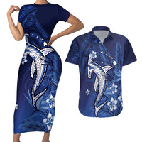 Personalized Hawaiian Maori Hammerhead Shark Couples Matching Short Sleeve Bodycon Dress and Hawaiian Shirt Polu Plumeria LT9 Blue - Polynesian Pride