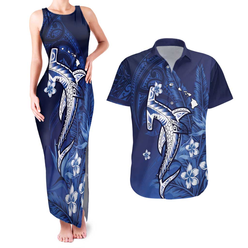 Personalized Hawaiian Maori Hammerhead Shark Couples Matching Tank Maxi Dress and Hawaiian Shirt Polu Plumeria - Polynesian Pride