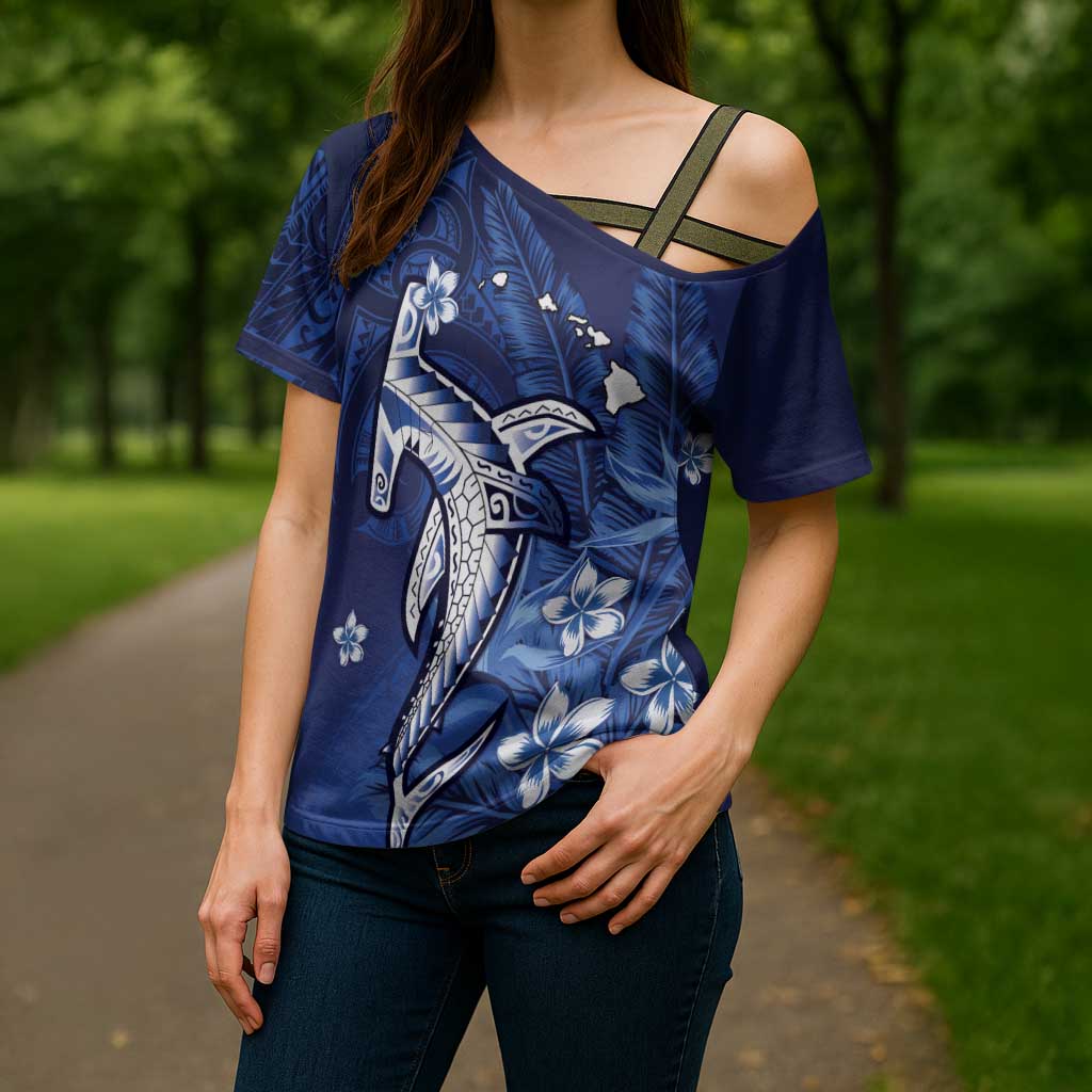Personalized Hawaiian Maori Hammerhead Shark Cross Shoulder Shirt Polu Plumeria - Polynesian Pride