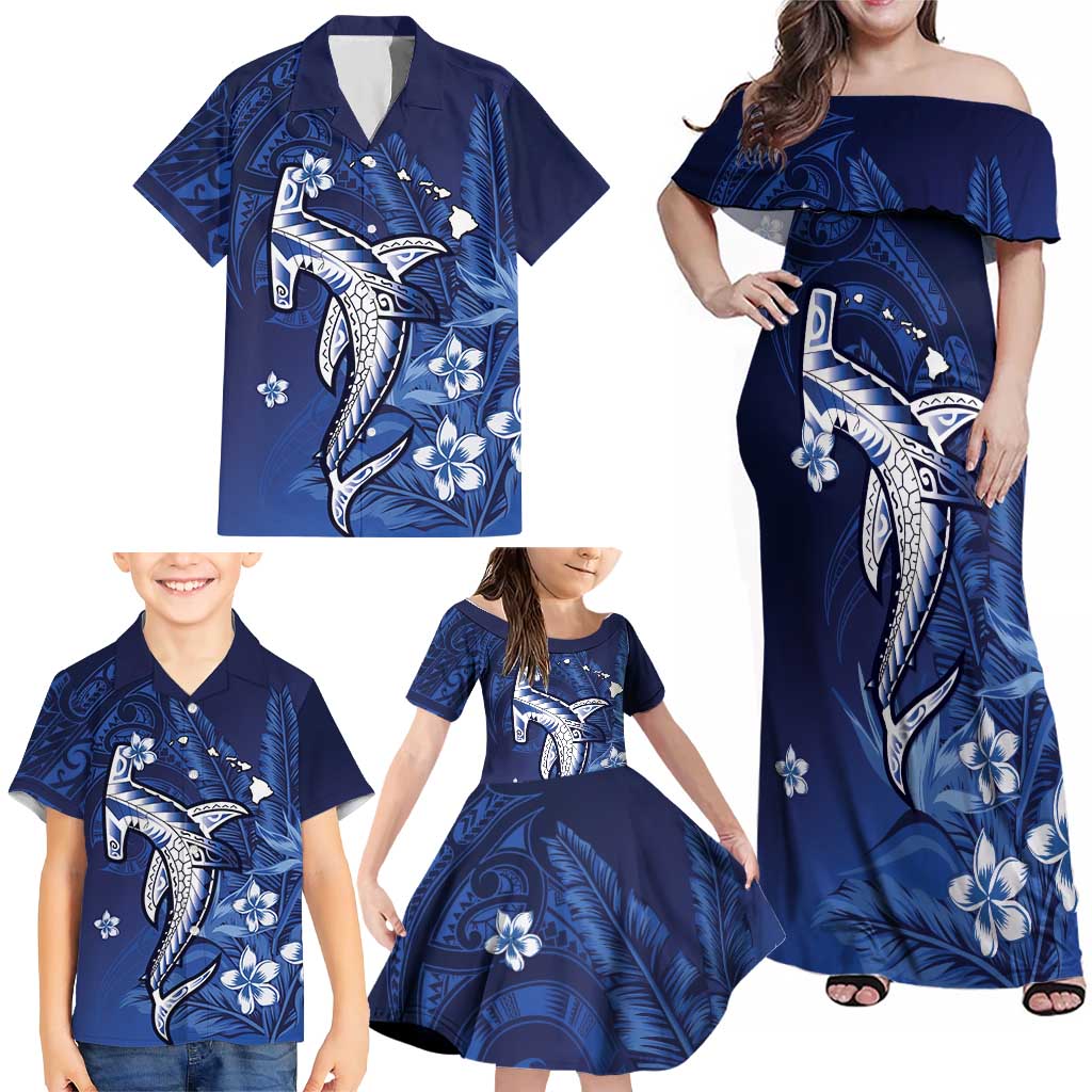 Personalized Hawaiian Maori Hammerhead Shark Family Matching Off Shoulder Maxi Dress and Hawaiian Shirt Polu Plumeria LT9 - Polynesian Pride