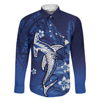 Personalized Hawaiian Maori Hammerhead Shark Family Matching Off Shoulder Maxi Dress and Hawaiian Shirt Polu Plumeria LT9 Dad's Shirt - Long Sleeve Blue - Polynesian Pride