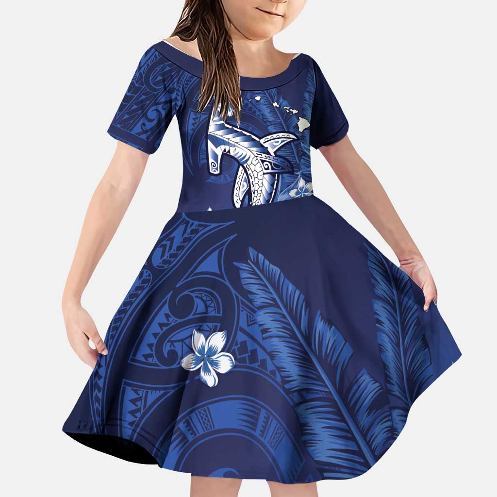 Personalized Hawaiian Maori Hammerhead Shark Family Matching Off Shoulder Short Dress and Hawaiian Shirt Polu Plumeria LT9 Daughter's Dress Blue - Polynesian Pride