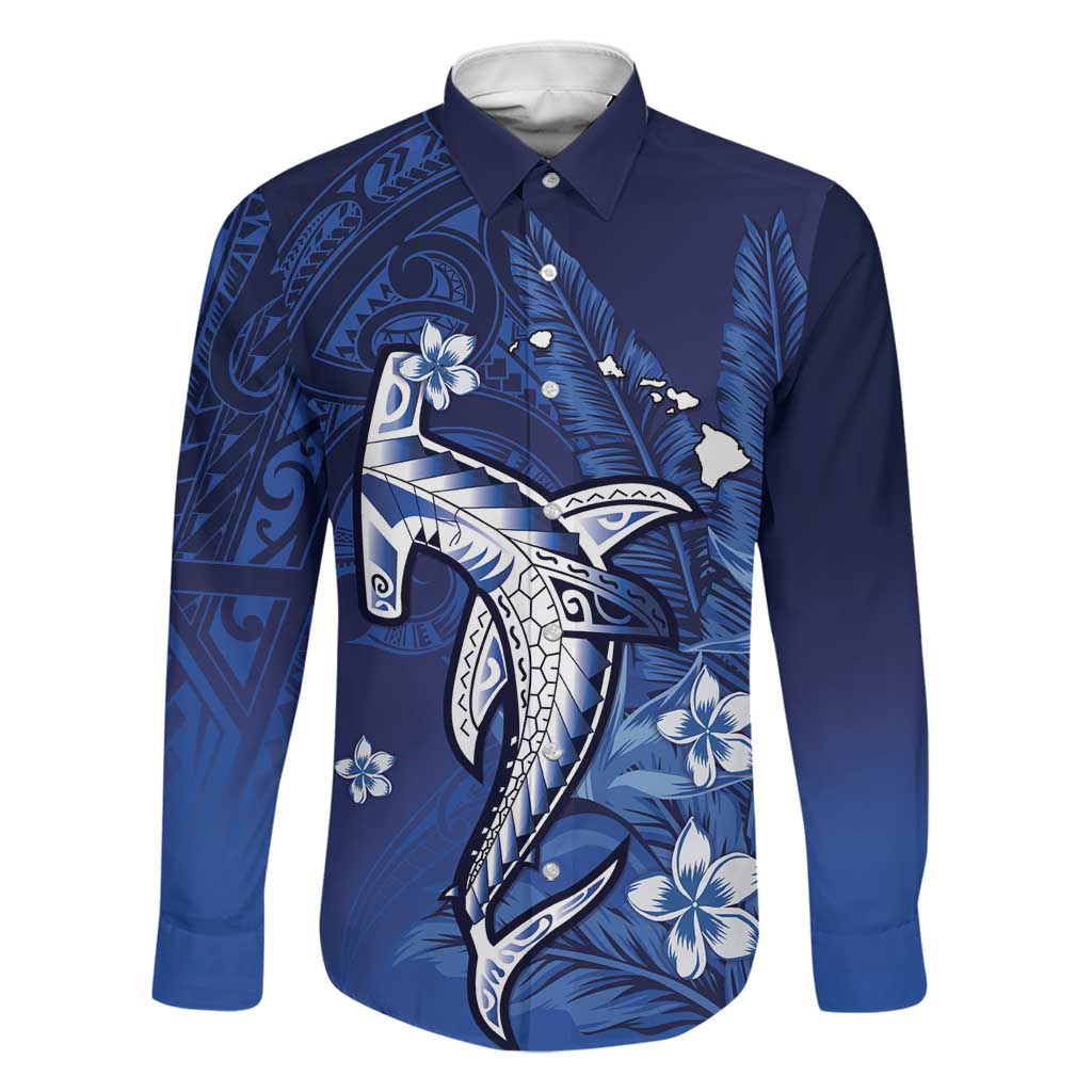 Personalized Hawaiian Maori Hammerhead Shark Family Matching Off Shoulder Short Dress and Hawaiian Shirt Polu Plumeria LT9 Dad's Shirt - Long Sleeve Blue - Polynesian Pride