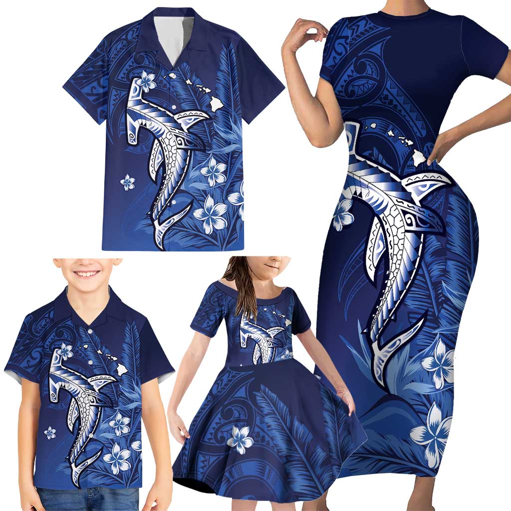 Personalized Hawaiian Maori Hammerhead Shark Family Matching Short Sleeve Bodycon Dress and Hawaiian Shirt Polu Plumeria LT9 - Polynesian Pride
