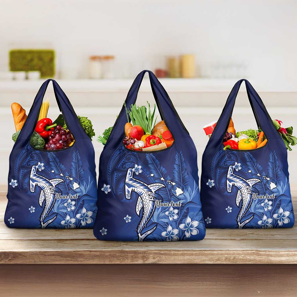 Personalized Hawaiian Maori Hammerhead Shark Grocery Bag Polu Plumeria - Polynesian Pride
