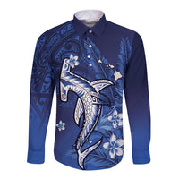 Personalized Hawaiian Maori Hammerhead Shark Long Sleeve Button Shirt Polu Plumeria - Polynesian Pride