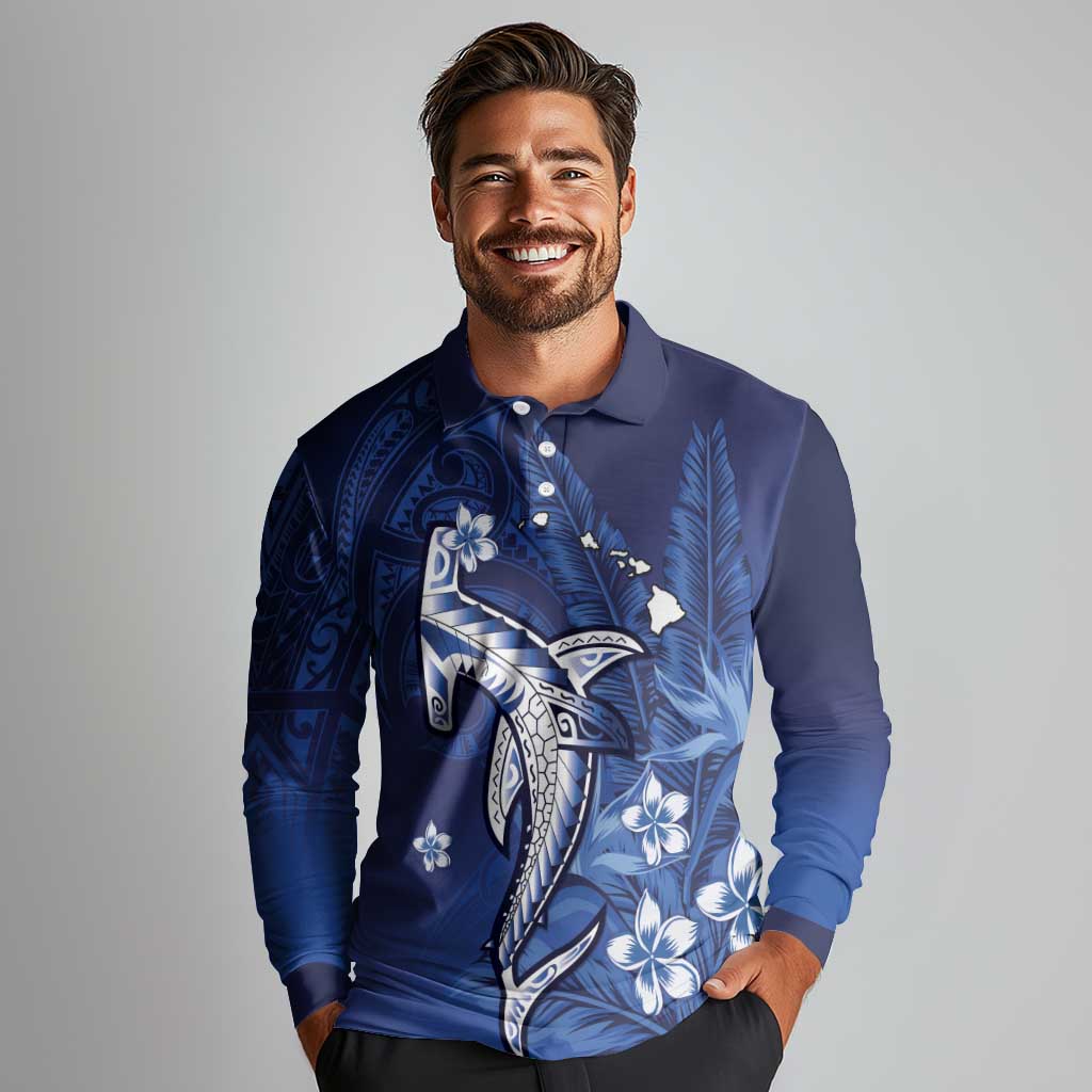 Personalized Hawaiian Maori Hammerhead Shark Long Sleeve Polo Shirt Polu Plumeria - Polynesian Pride