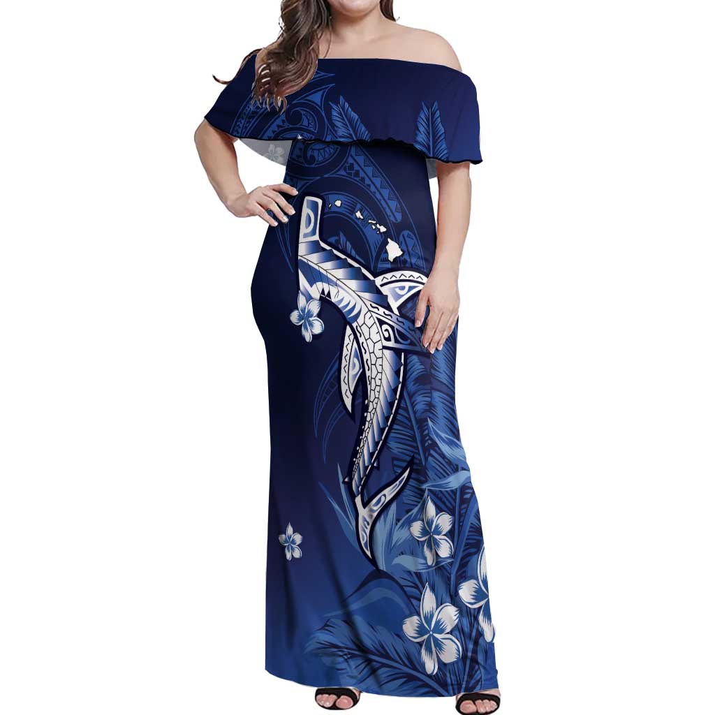Personalized Hawaiian Maori Hammerhead Shark Off Shoulder Maxi Dress Polu Plumeria - Polynesian Pride