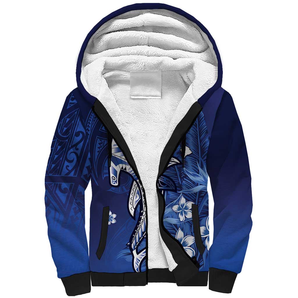Personalized Hawaiian Maori Hammerhead Shark Sherpa Hoodie Polu Plumeria - Polynesian Pride