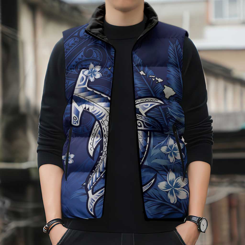Personalized Hawaiian Maori Hammerhead Shark Sleeveless Puffer Jacket Polu Plumeria - Polynesian Pride