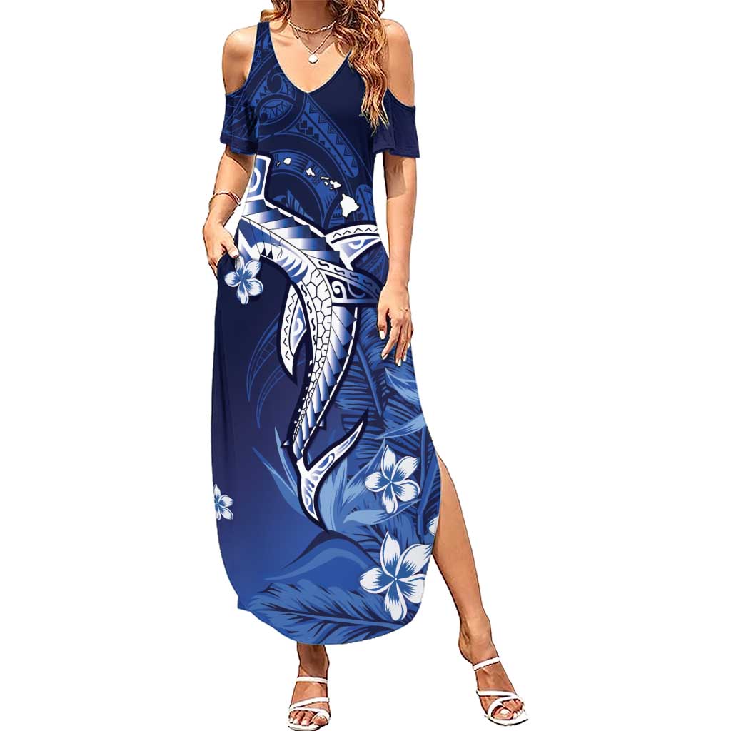 Personalized Hawaiian Maori Hammerhead Shark Summer Maxi Dress Polu Plumeria - Polynesian Pride