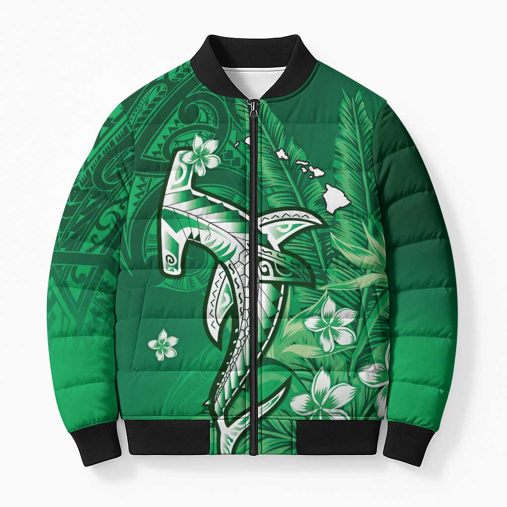 Personalized Hawaiian Maori Hammerhead Shark Bomber Puffer Jacket Omaomao Plumeria - Polynesian Pride