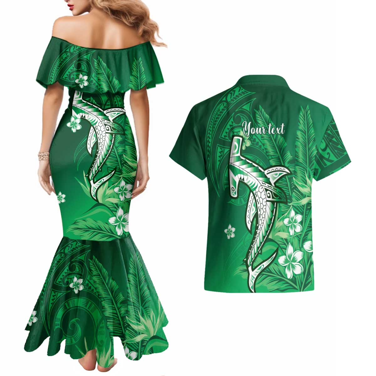 Personalized Hawaiian Maori Hammerhead Shark Couples Matching Mermaid Dress and Hawaiian Shirt Omaomao Plumeria LT9 - Polynesian Pride