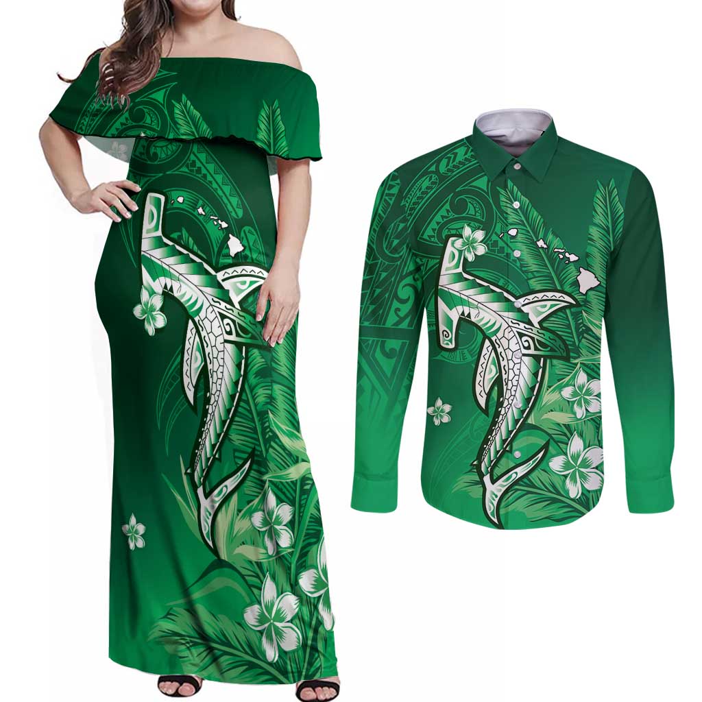 Personalized Hawaiian Maori Hammerhead Shark Couples Matching Off Shoulder Maxi Dress and Long Sleeve Button Shirt Omaomao Plumeria LT9 Green - Polynesian Pride