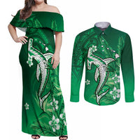 Personalized Hawaiian Maori Hammerhead Shark Couples Matching Off Shoulder Maxi Dress and Long Sleeve Button Shirt Omaomao Plumeria LT9 Green - Polynesian Pride