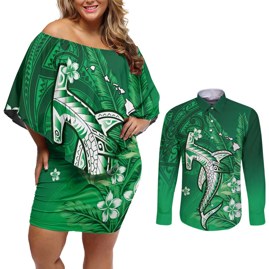 Personalized Hawaiian Maori Hammerhead Shark Couples Matching Off Shoulder Short Dress and Long Sleeve Button Shirt Omaomao Plumeria - Polynesian Pride