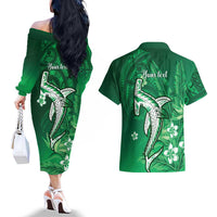Personalized Hawaiian Maori Hammerhead Shark Couples Matching Off The Shoulder Long Sleeve Dress and Hawaiian Shirt Omaomao Plumeria LT9 - Polynesian Pride