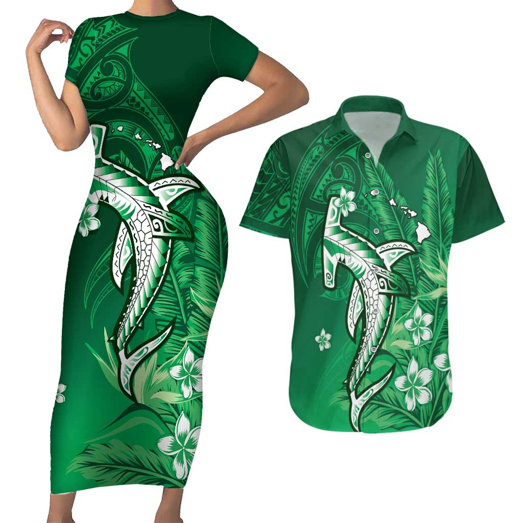 Personalized Hawaiian Maori Hammerhead Shark Couples Matching Short Sleeve Bodycon Dress and Hawaiian Shirt Omaomao Plumeria LT9 Green - Polynesian Pride