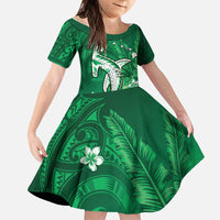 Personalized Hawaiian Maori Hammerhead Shark Family Matching Off Shoulder Short Dress and Hawaiian Shirt Omaomao Plumeria LT9 Daughter's Dress Green - Polynesian Pride