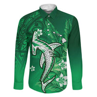 Personalized Hawaiian Maori Hammerhead Shark Family Matching Off Shoulder Short Dress and Hawaiian Shirt Omaomao Plumeria LT9 Dad's Shirt - Long Sleeve Green - Polynesian Pride