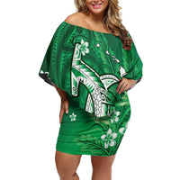 Personalized Hawaiian Maori Hammerhead Shark Family Matching Off Shoulder Short Dress and Hawaiian Shirt Omaomao Plumeria LT9 Mom's Dress Green - Polynesian Pride