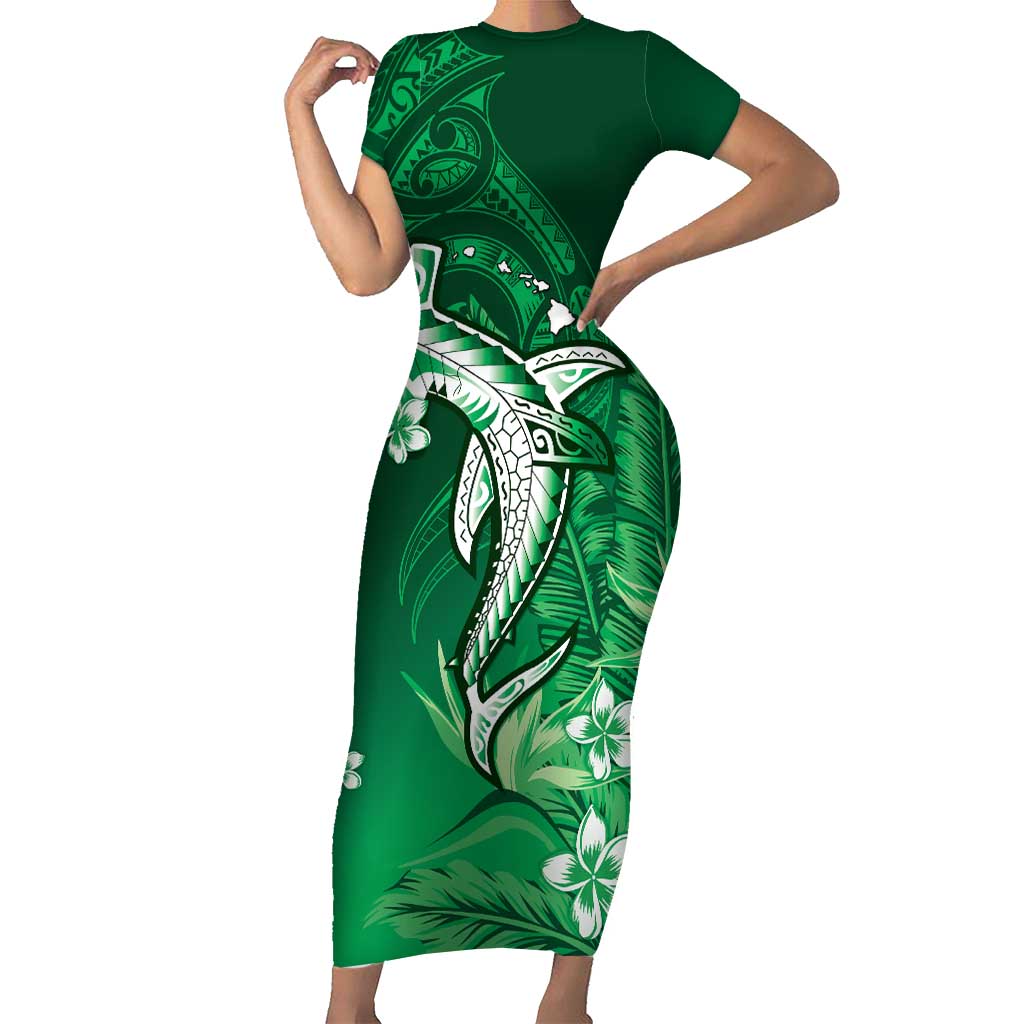 Personalized Hawaiian Maori Hammerhead Shark Family Matching Short Sleeve Bodycon Dress and Hawaiian Shirt Omaomao Plumeria LT9 Mom's Dress Green - Polynesian Pride