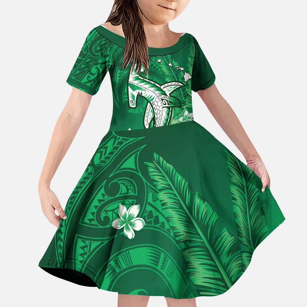 Personalized Hawaiian Maori Hammerhead Shark Family Matching Summer Maxi Dress and Hawaiian Shirt Omaomao Plumeria LT9 Daughter's Dress Green - Polynesian Pride