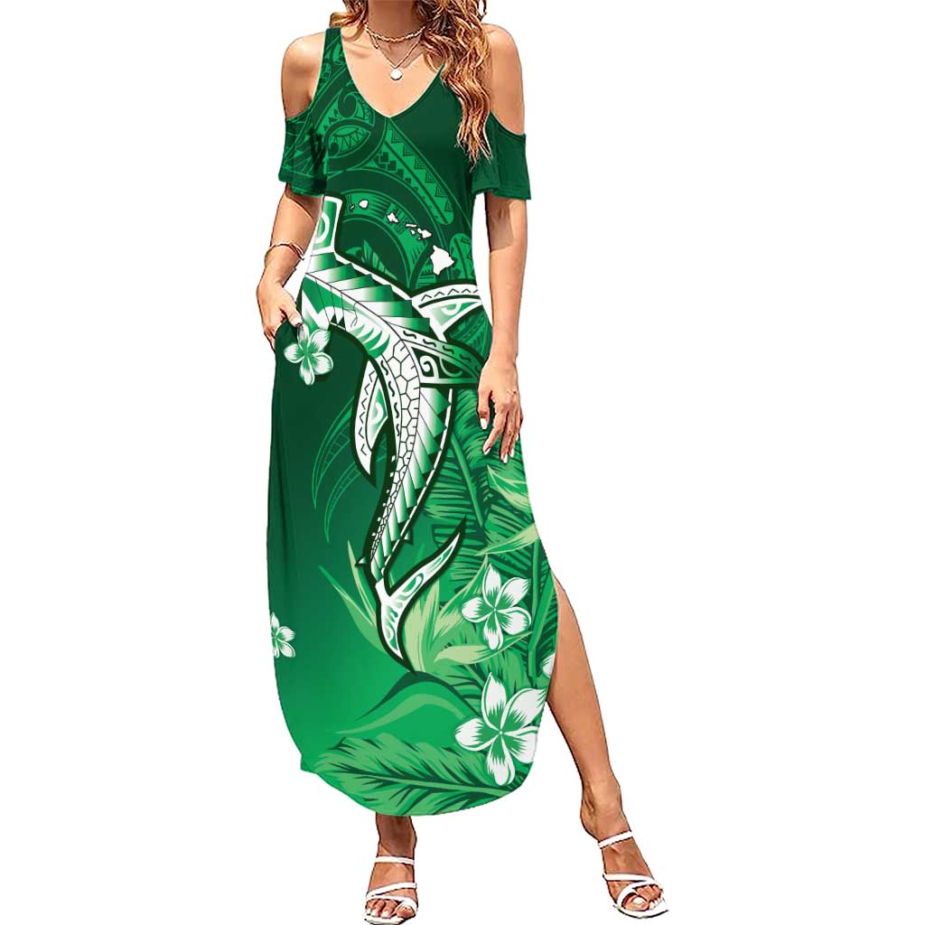 Personalized Hawaiian Maori Hammerhead Shark Family Matching Summer Maxi Dress and Hawaiian Shirt Omaomao Plumeria LT9 Mom's Dress Green - Polynesian Pride
