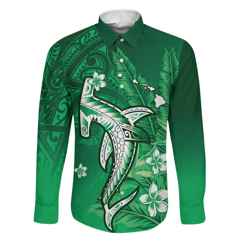 Personalized Hawaiian Maori Hammerhead Shark Family Matching Tank Maxi Dress and Hawaiian Shirt Omaomao Plumeria LT9 Dad's Shirt - Long Sleeve Green - Polynesian Pride