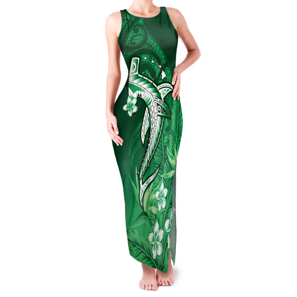 Personalized Hawaiian Maori Hammerhead Shark Family Matching Tank Maxi Dress and Hawaiian Shirt Omaomao Plumeria LT9 Mom's Dress Green - Polynesian Pride