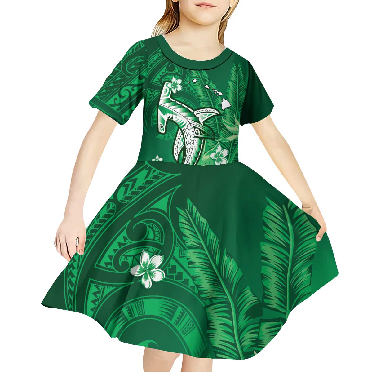 Personalized Hawaiian Maori Hammerhead Shark Kid Short Sleeve Dress Omaomao Plumeria - Polynesian Pride