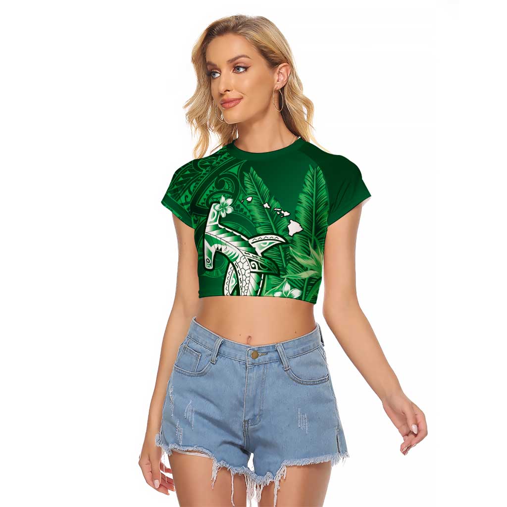 Personalized Hawaiian Maori Hammerhead Shark Raglan Cropped T Shirt Omaomao Plumeria - Polynesian Pride