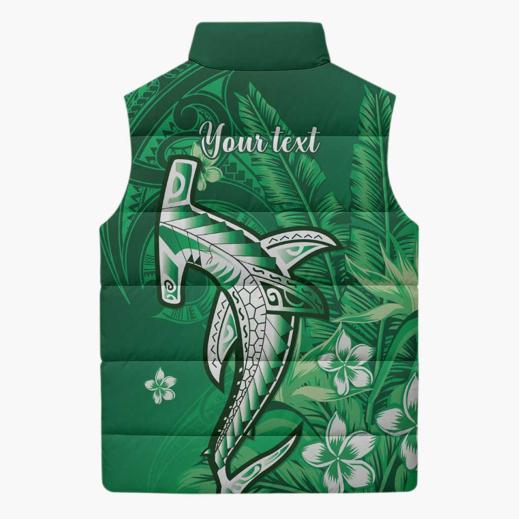 Personalized Hawaiian Maori Hammerhead Shark Sleeveless Puffer Jacket Omaomao Plumeria - Polynesian Pride