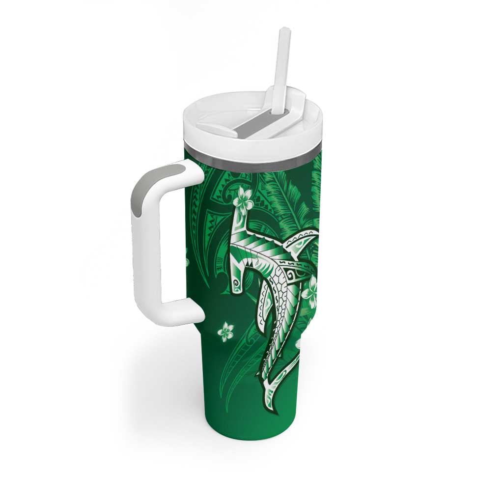 Personalized Hawaiian Maori Hammerhead Shark Tumbler With Handle Omaomao Plumeria - Polynesian Pride
