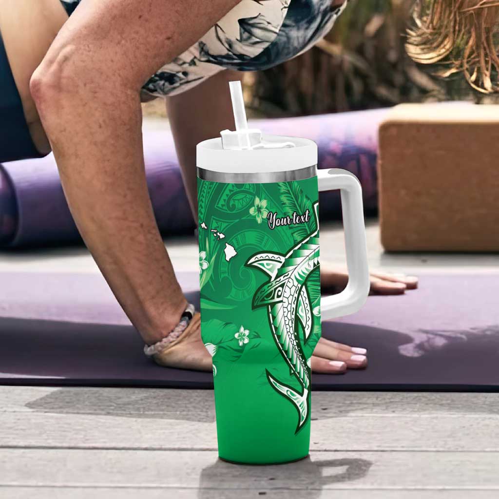 Personalized Hawaiian Maori Hammerhead Shark Tumbler With Handle Omaomao Plumeria - Polynesian Pride