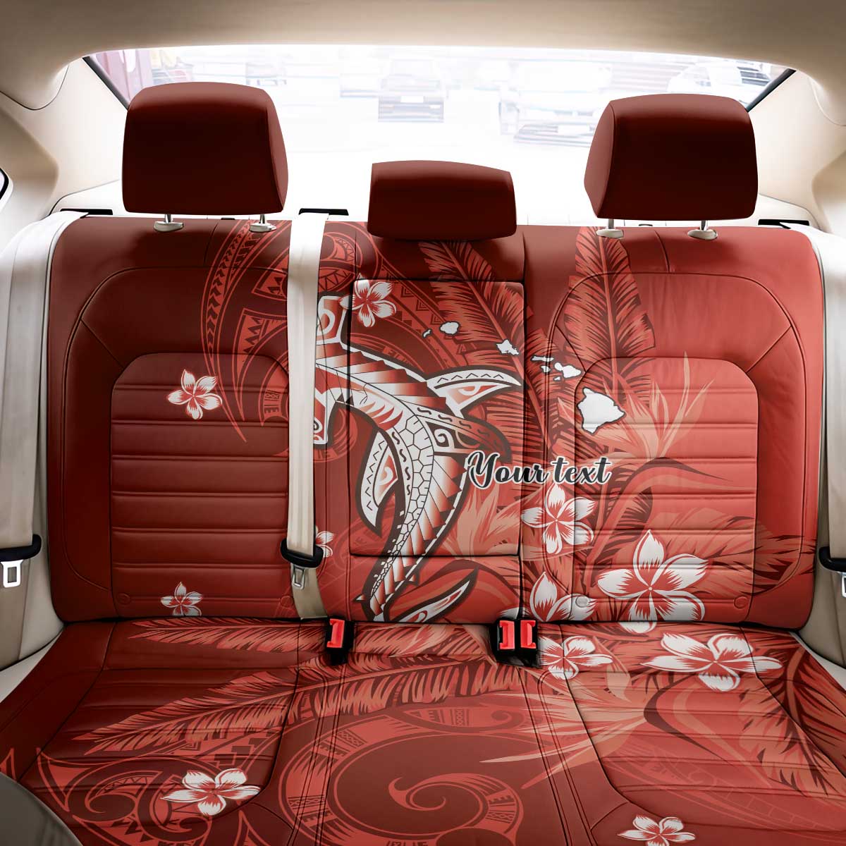 Personalized Hawaiian Maori Hammerhead Shark Back Car Seat Cover Ulaula Plumeria - Polynesian Pride