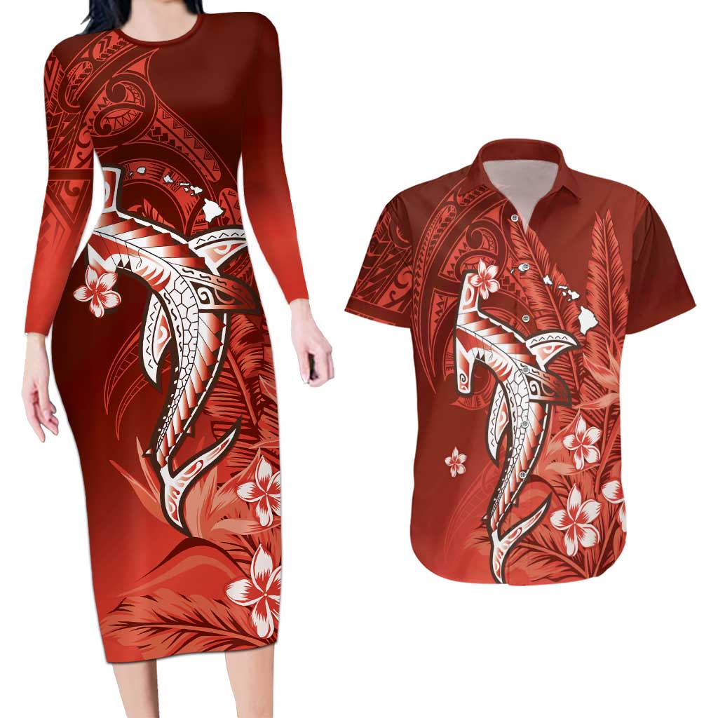 Personalized Hawaiian Maori Hammerhead Shark Couples Matching Long Sleeve Bodycon Dress and Hawaiian Shirt Ulaula Plumeria LT9 Red - Polynesian Pride