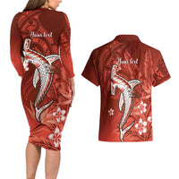 Personalized Hawaiian Maori Hammerhead Shark Couples Matching Long Sleeve Bodycon Dress and Hawaiian Shirt Ulaula Plumeria LT9 - Polynesian Pride