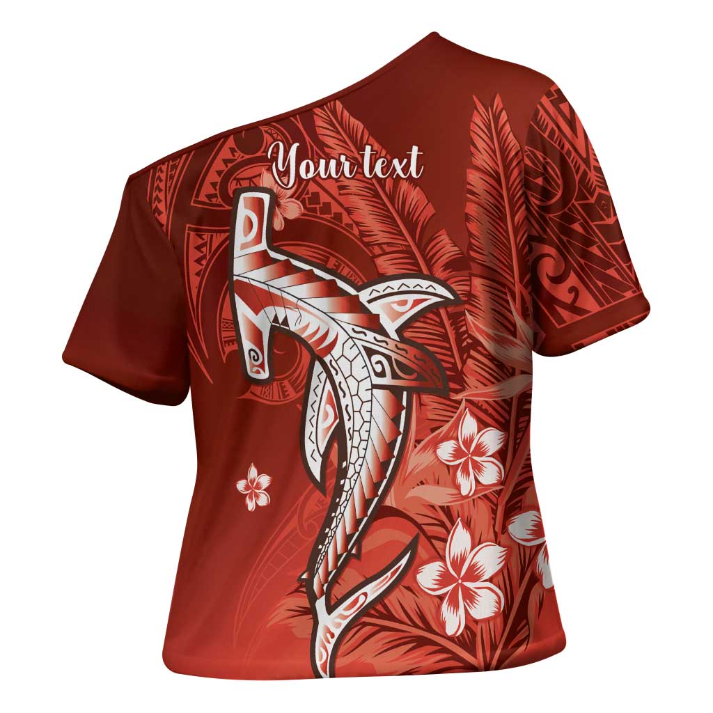 Personalized Hawaiian Maori Hammerhead Shark Cross Shoulder Shirt Ulaula Plumeria - Polynesian Pride