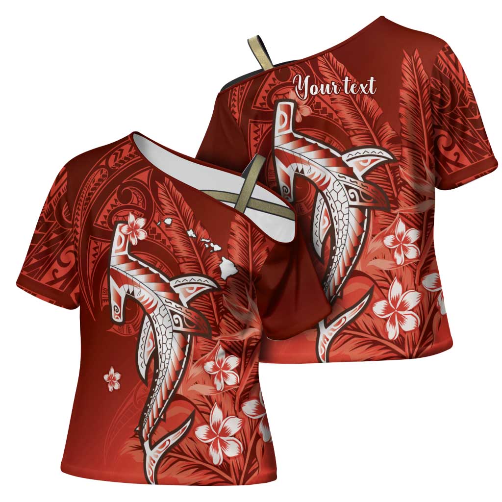 Personalized Hawaiian Maori Hammerhead Shark Cross Shoulder Shirt Ulaula Plumeria - Polynesian Pride