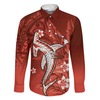 Personalized Hawaiian Maori Hammerhead Shark Family Matching Long Sleeve Bodycon Dress and Hawaiian Shirt Ulaula Plumeria LT9 Dad's Shirt - Long Sleeve Red - Polynesian Pride