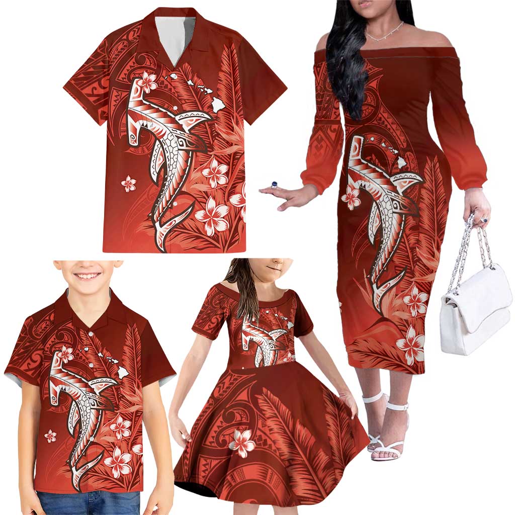 Personalized Hawaiian Maori Hammerhead Shark Family Matching Off The Shoulder Long Sleeve Dress and Hawaiian Shirt Ulaula Plumeria LT9 - Polynesian Pride