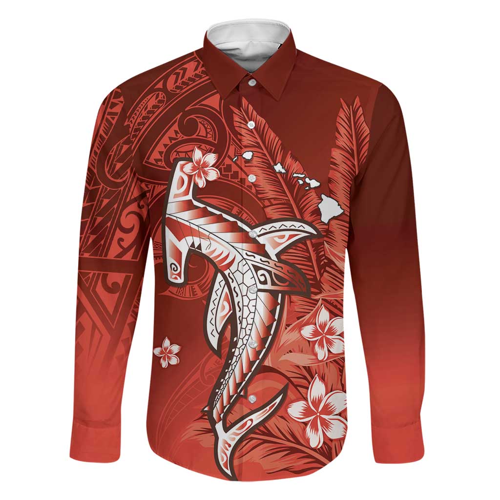 Personalized Hawaiian Maori Hammerhead Shark Family Matching Off Shoulder Short Dress and Hawaiian Shirt Ulaula Plumeria LT9 Dad's Shirt - Long Sleeve Red - Polynesian Pride