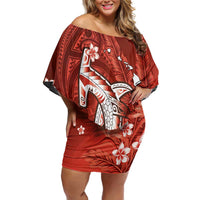 Personalized Hawaiian Maori Hammerhead Shark Family Matching Off Shoulder Short Dress and Hawaiian Shirt Ulaula Plumeria LT9 Mom's Dress Red - Polynesian Pride